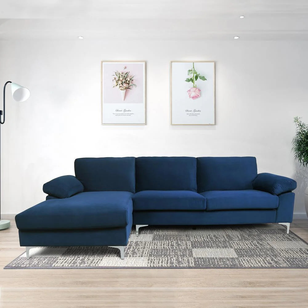 Blue Velvet L-Shaped Sectional Sofa with Metal Legs N29758