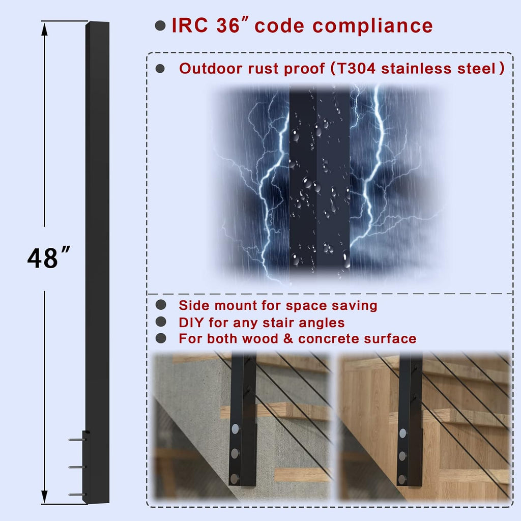 Black Square Weldless Stainless Steel Cable Railing Post X68363