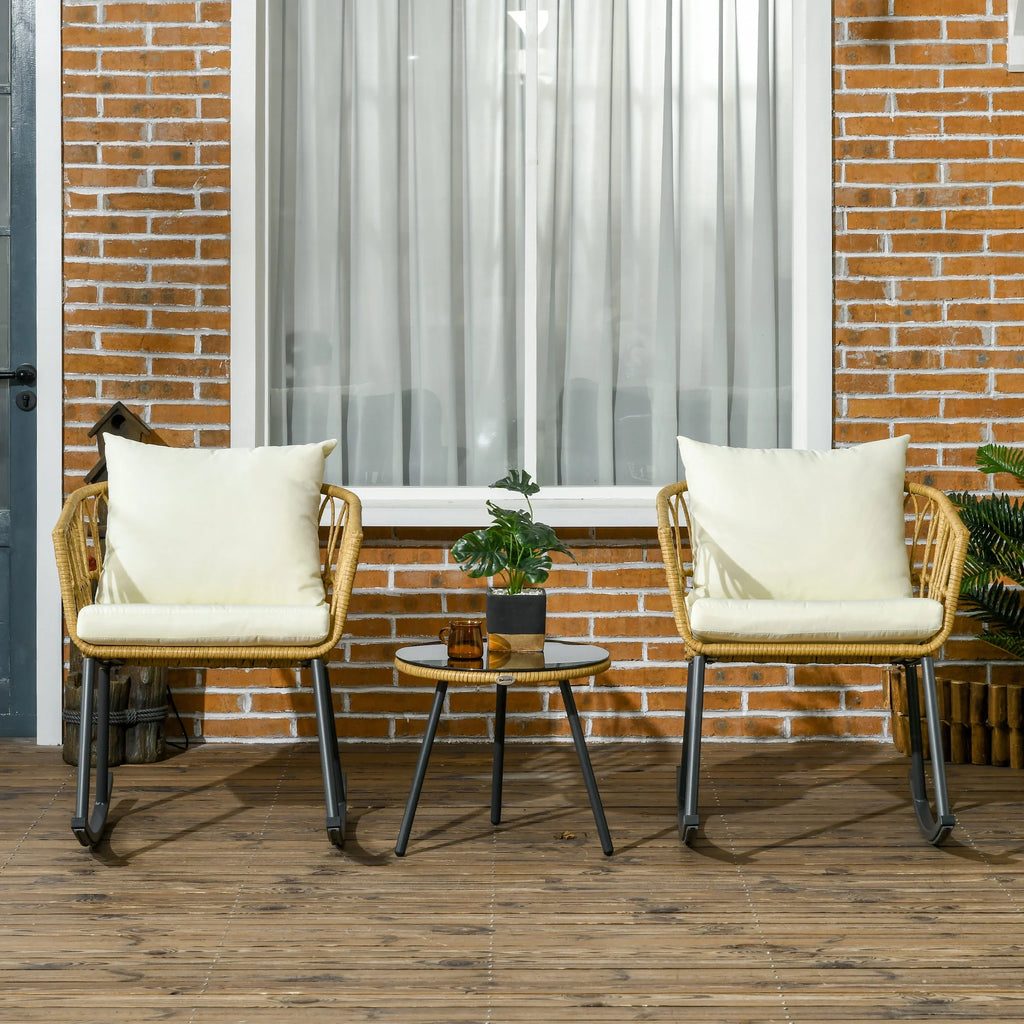 White 3 Piece Patio Rocking Chair Set with Cushions and Glass Top M835710