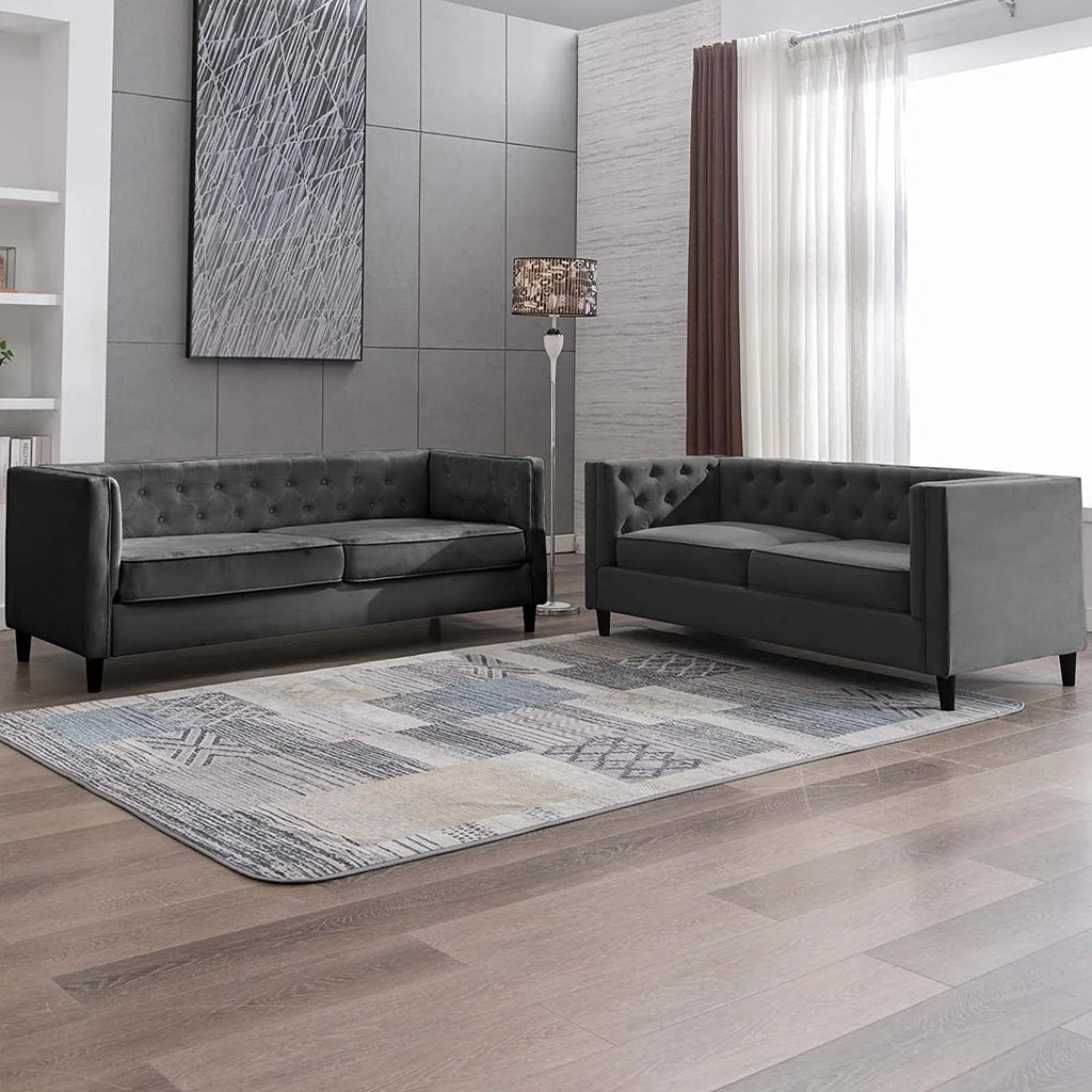 Velvet Futon Sofa Bed Couch Set, Tufted Button Upholstered Sleeper Sofa, Wood Legs, Dark Grey S833223
