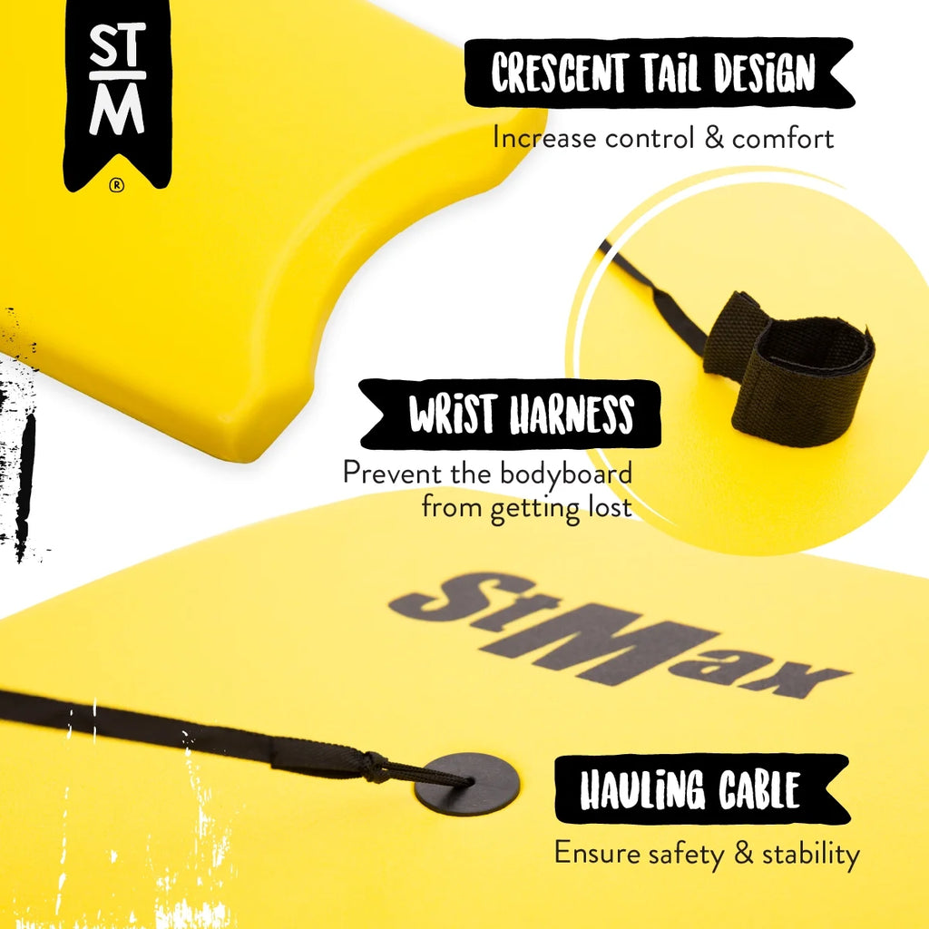 Yellow 34 Inch EPS Core Bodyboard with Wrist Leash P115