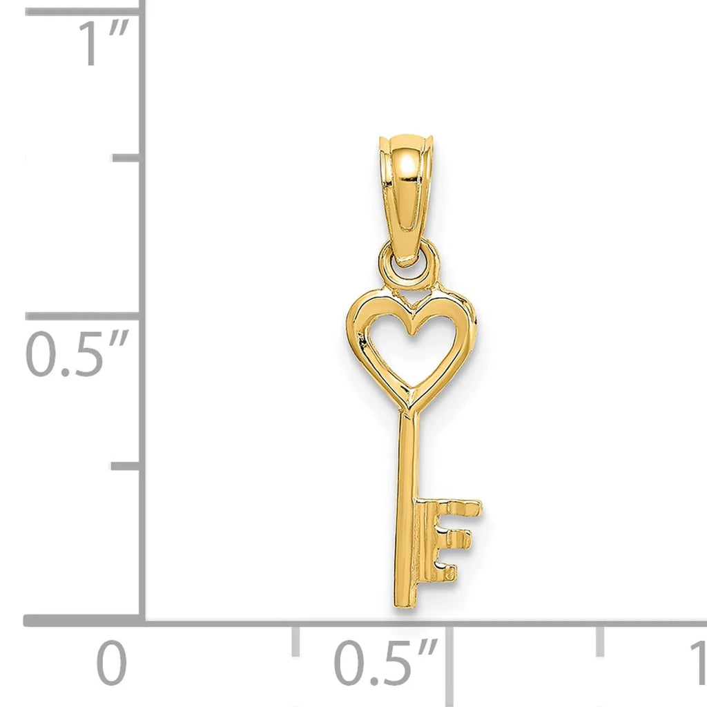 14K Yellow Gold Key With Heart Pendant Charm with Rope Chain Necklace 16'' S348