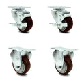 3 inch Maroon Polyurethane Swivel Caster Set with 2 Brakes 2 Rigid H678