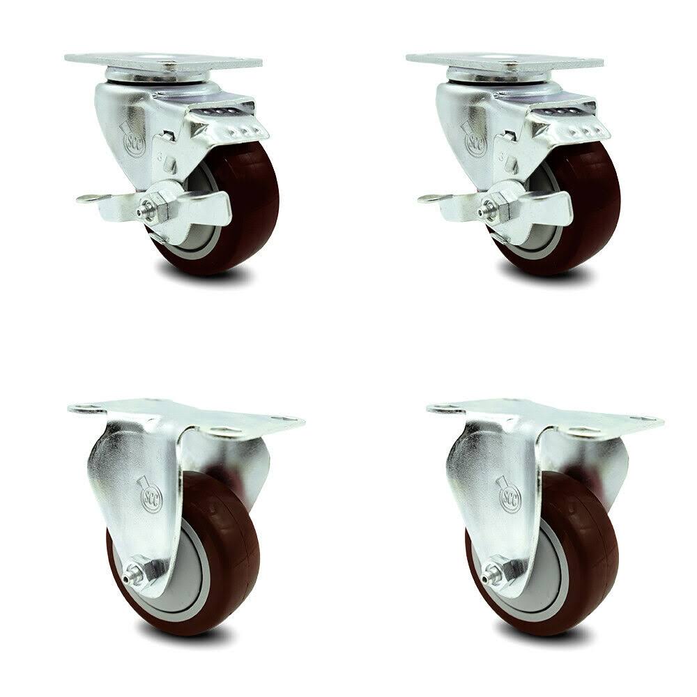 3 inch Maroon Polyurethane Swivel Caster Set with 2 Brakes 2 Rigid H678