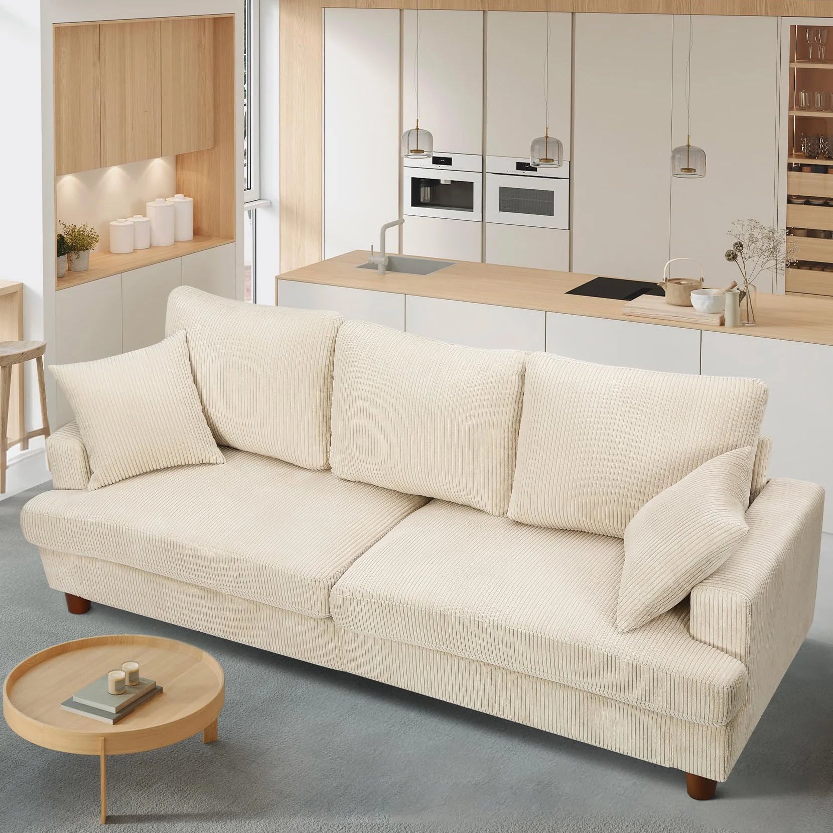 Beige 87" Corduroy 3 Seater Sofa with 2 Pillows L89042