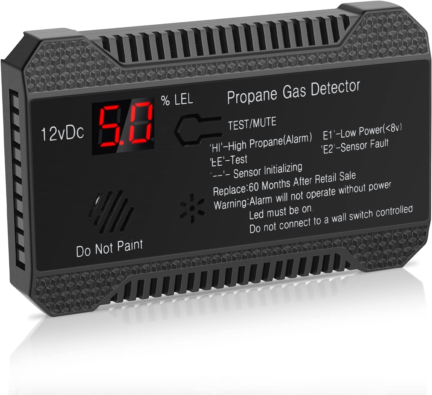 Black Propane Gas Detector Alarm, 12V, LCD Display, 85dB, Pack of 2 V19029