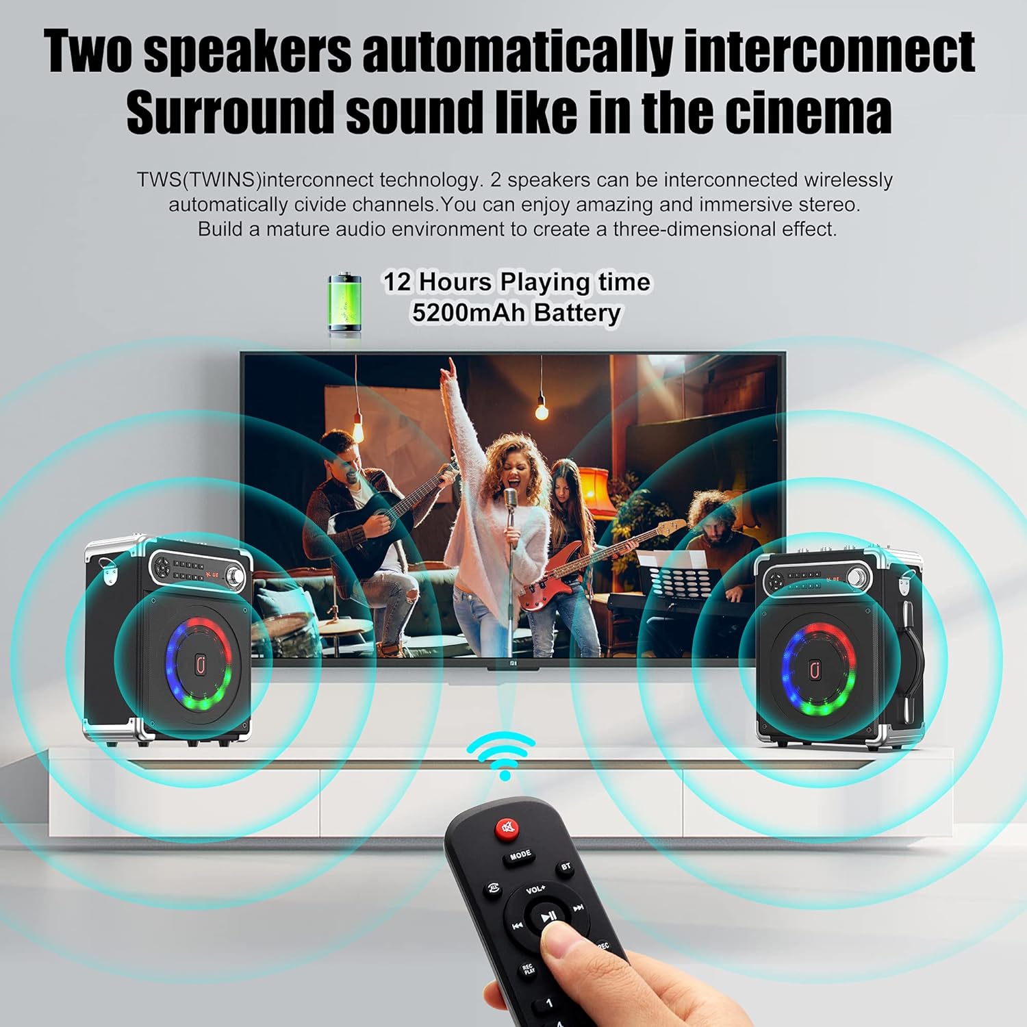Bluetooth Speaker with Two Wireless Microphones, Portable Pa System with LED Lights A128