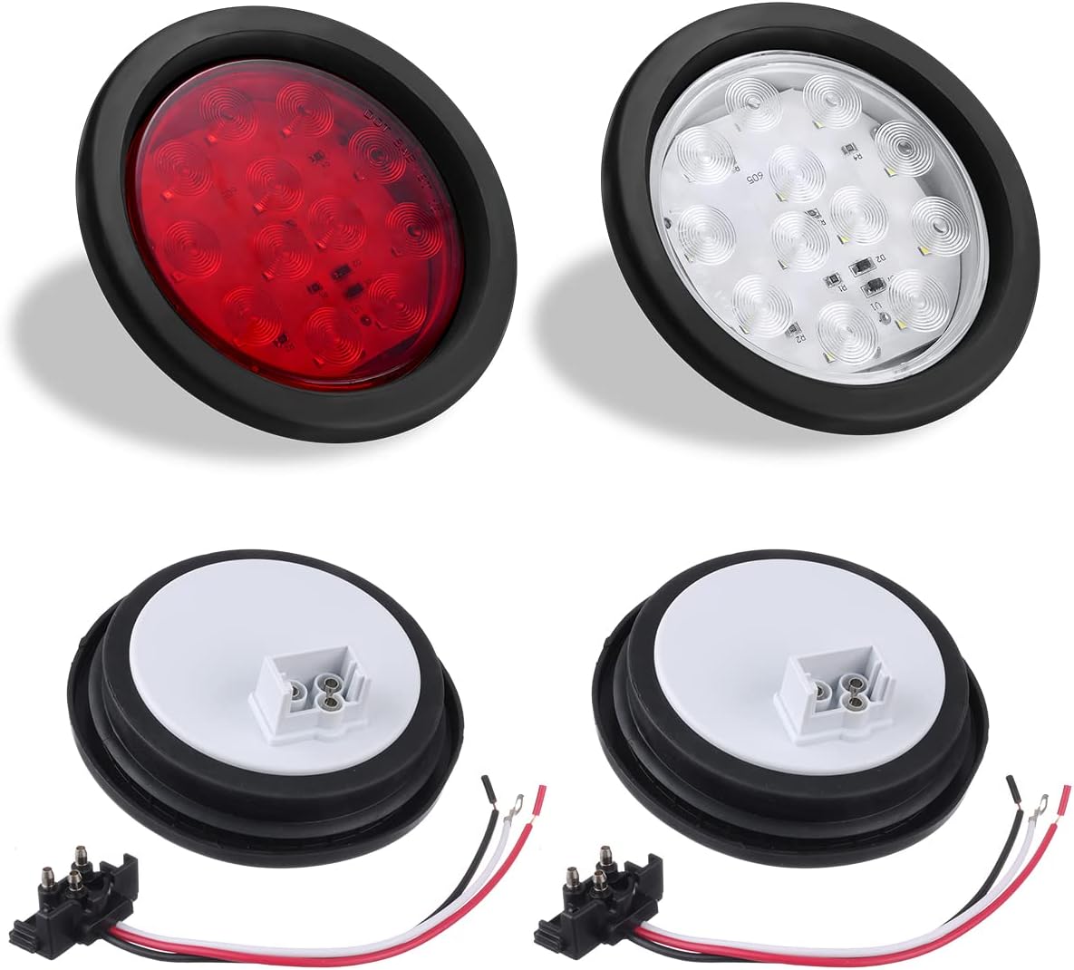 4 Inch LED Trailer Tail Lights Kit with Grommet Plug, 8 X Red Round 12 LED Brake Stop Turn Signal Tail Light X622112