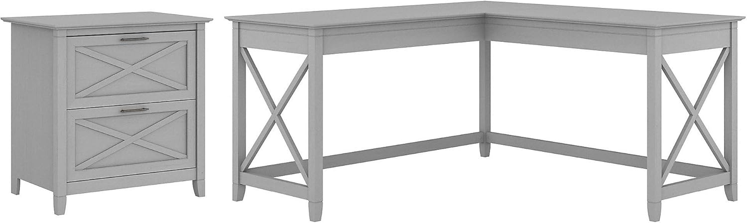 Dark Gray Hickory L Shaped Desk with 2 Drawer Lateral File Cabinet I6635