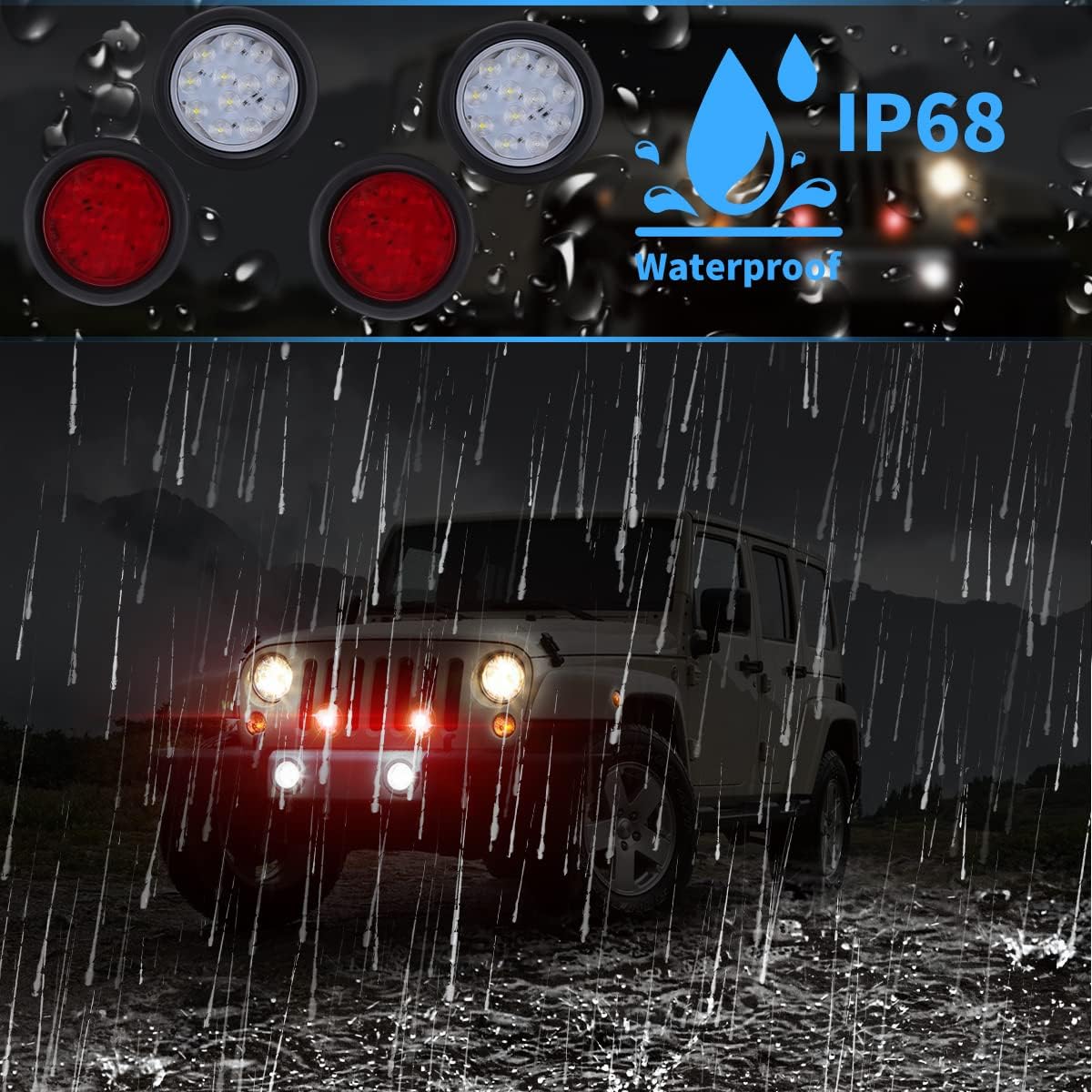 4 Inch LED Trailer Tail Lights Kit with Grommet Plug, 8 X Red Round 12 LED Brake Stop Turn Signal Tail Light X622112