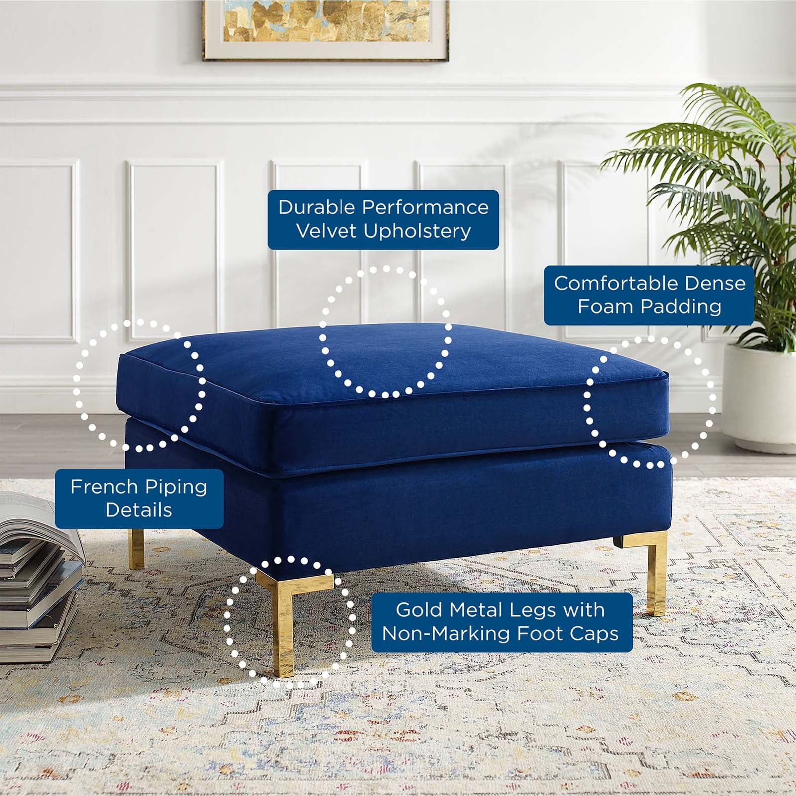 Blue Navy Velvet Accent Chair Ottoman O75379