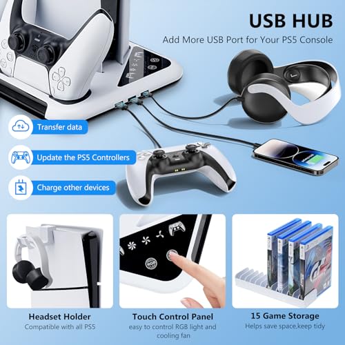 PS5 Slim Stand with Cooling Fan, Controller Charging Station, 13 Game Storage Y57159
