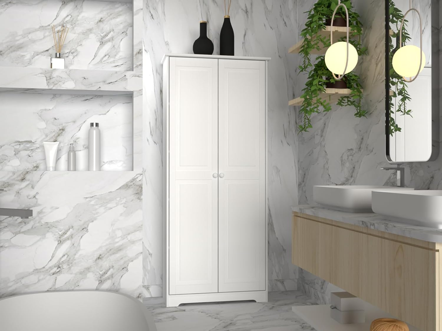 Solid Wood White Cabinet Pantry with 2 Doors and Adjustable Shelves Y3322
