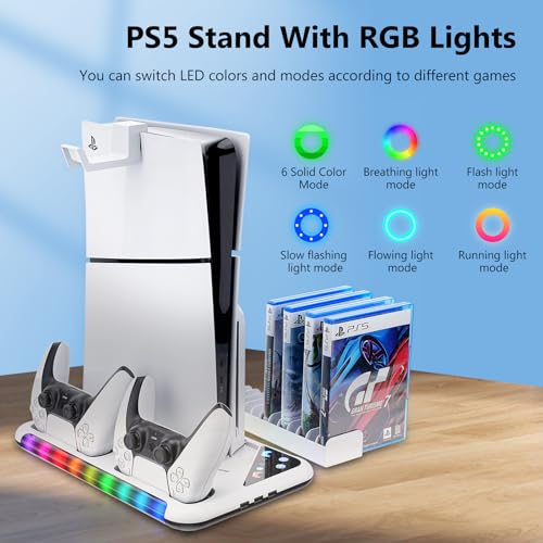 PS5 Slim Stand with Cooling Fan, Controller Charging Station, 13 Game Storage Y57159