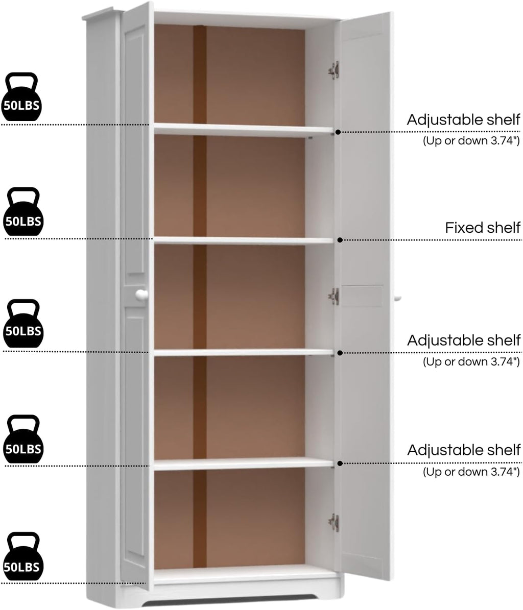 Solid Wood White Cabinet Pantry with 2 Doors and Adjustable Shelves Y3322