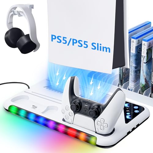 PS5 Slim Stand with Cooling Fan, Controller Charging Station, 13 Game Storage Y57159