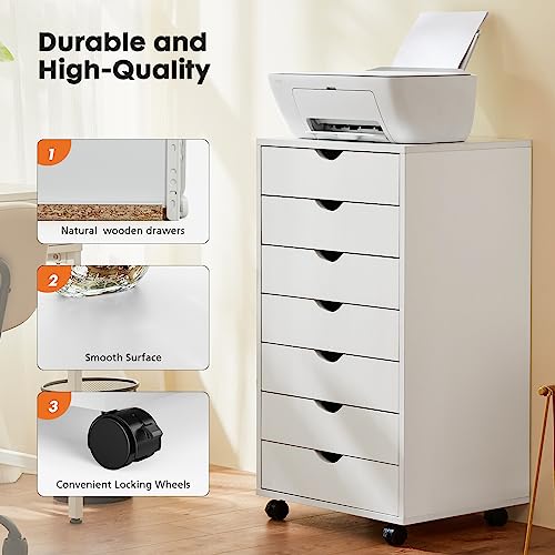White 7-Drawer Wooden Mobile Dresser with Wheels M61125