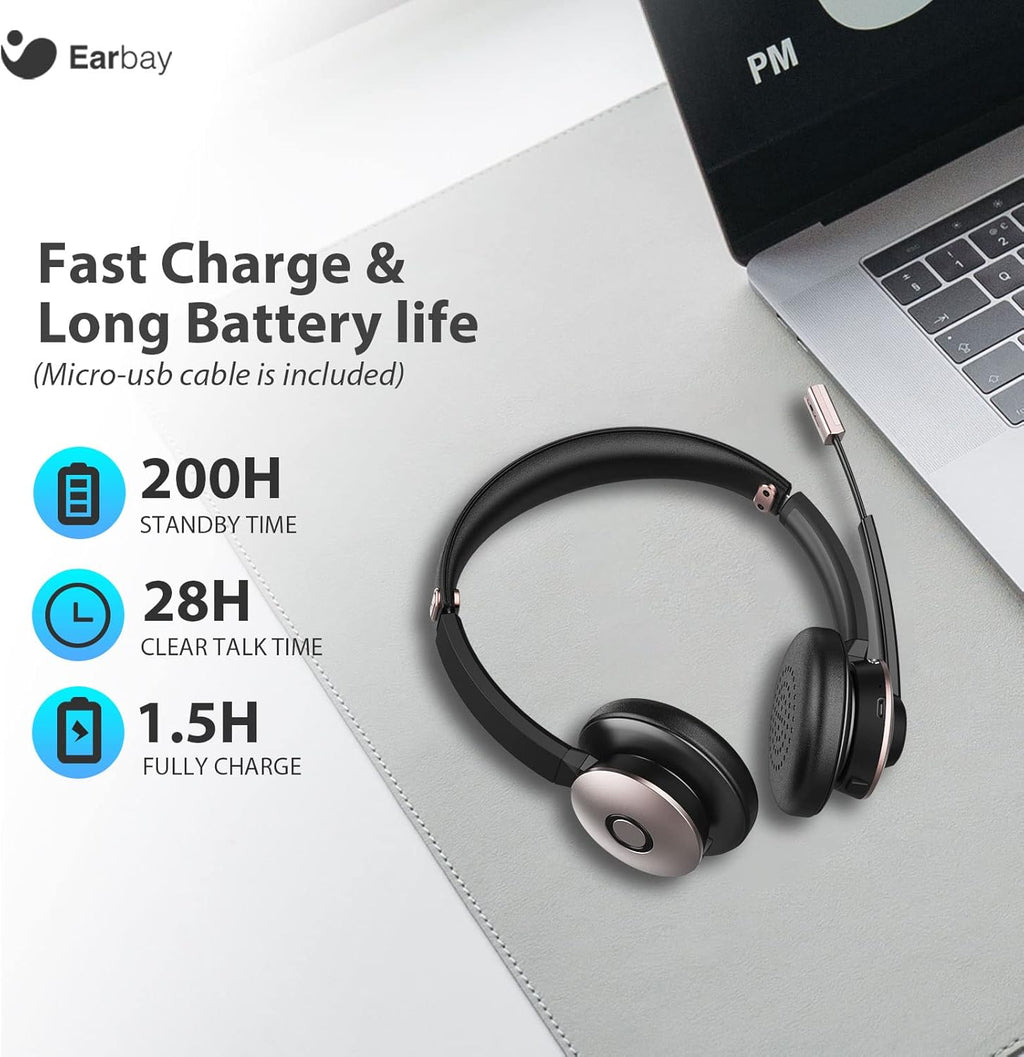 Wireless Bluetooth Headset with Microphone Noise Cancelling, On-Ear, USB Dongle, 28hrs Talk Time I314