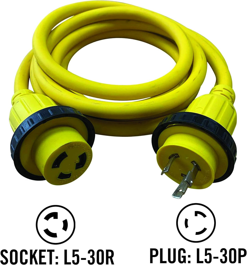 25 FT 30 Amp 125 Volt Yellow Marine Shore Power Extension Cord K43667