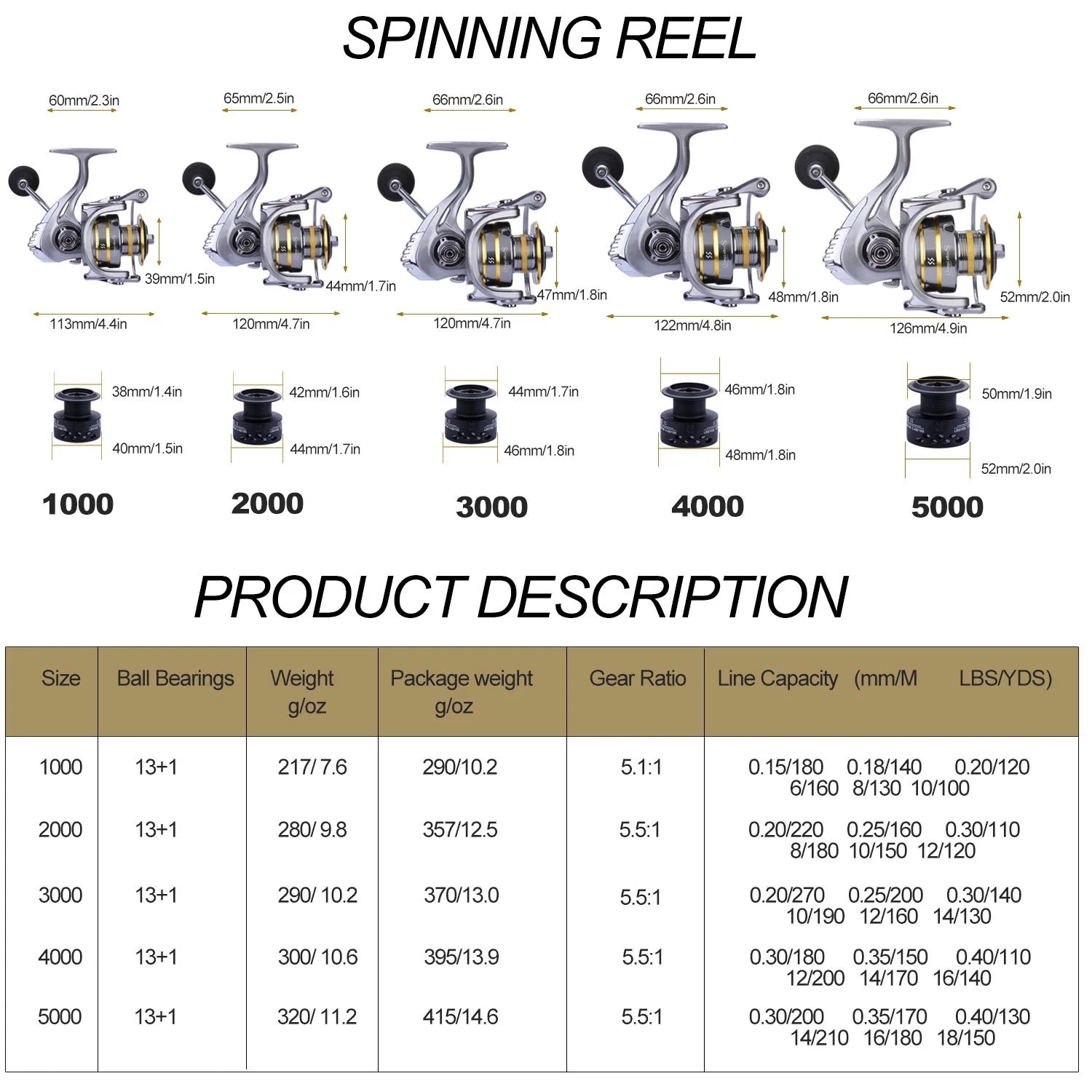 13+1 Ball Bearings Metal Body Spinning Fishing Reel E9624