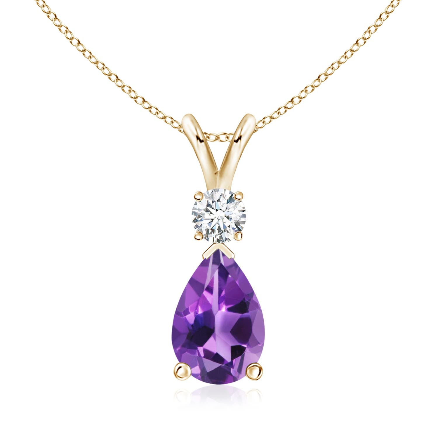 Natural 10x7mm Amethyst Teardrop Pendant Necklace in 14K Yellow Gold I483
