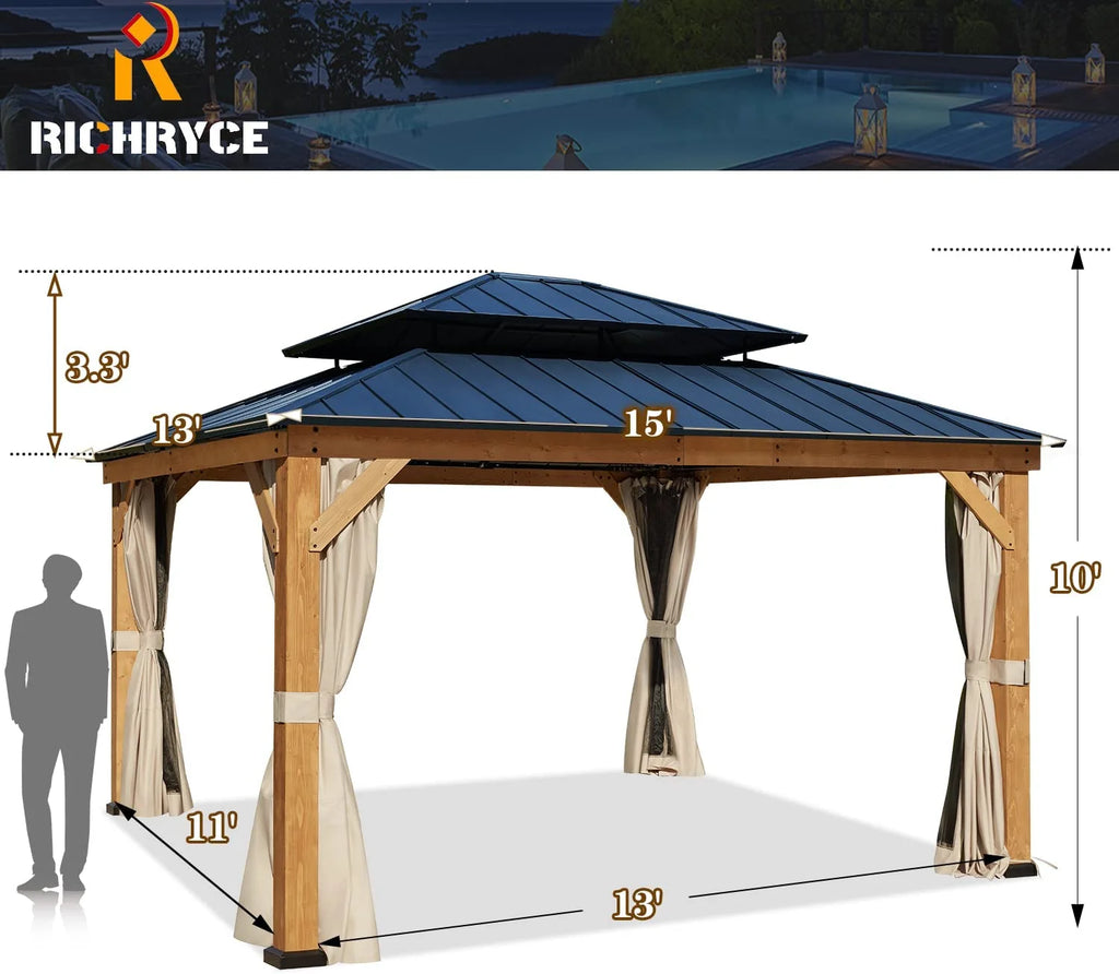 Spruce Hardtop Gazebo with Privacy Curtains and Mosquito Netting J987