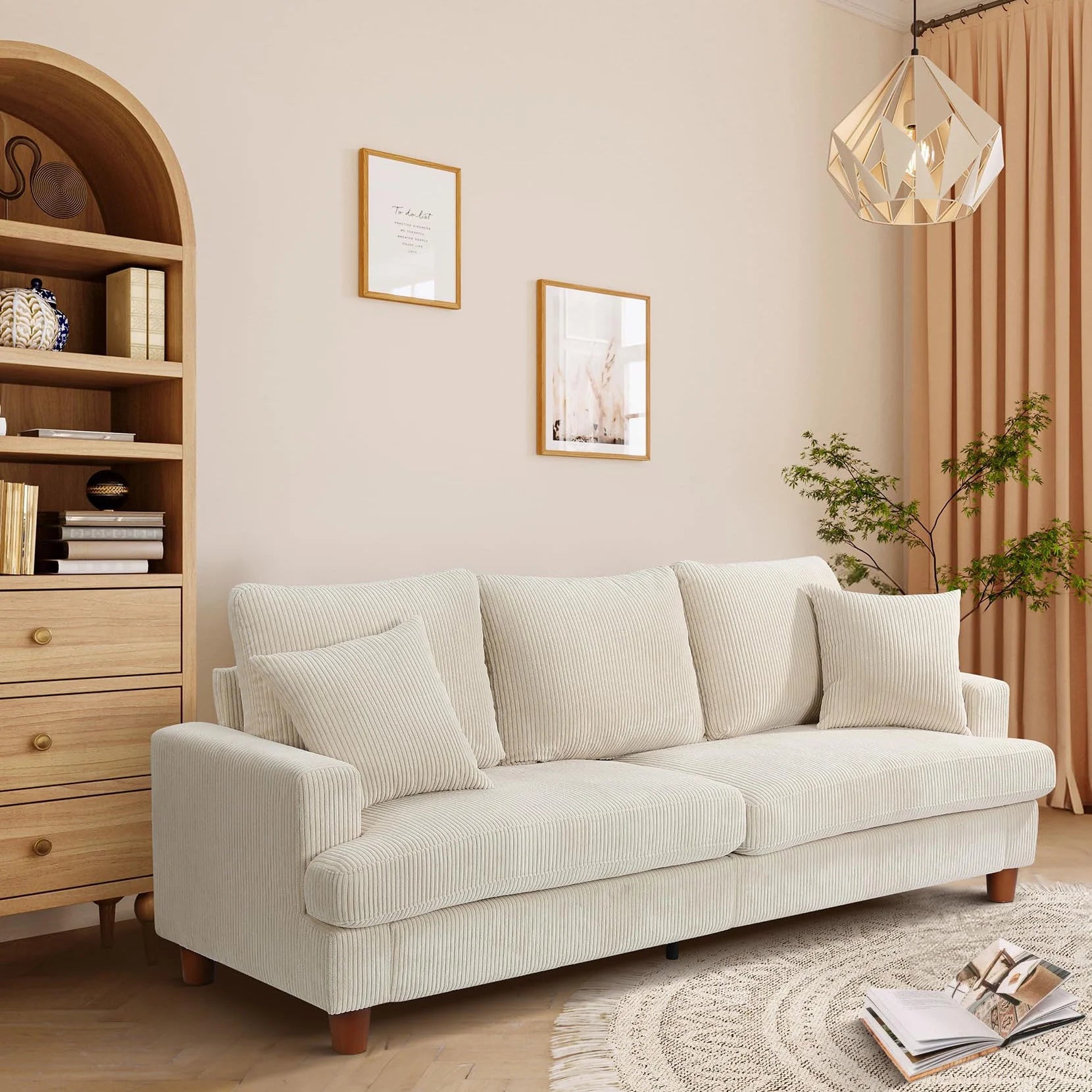 Beige 87" Corduroy 3 Seater Sofa with 2 Pillows L89042