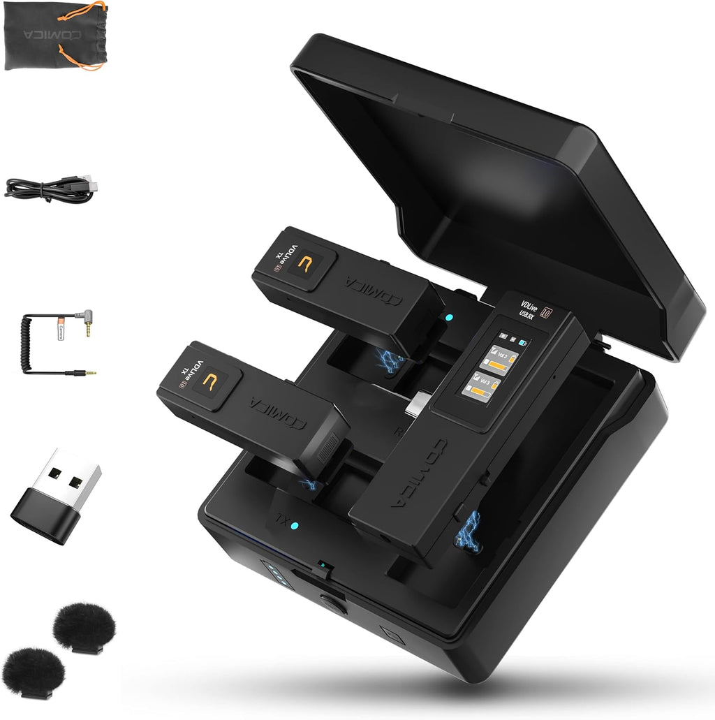 Wireless Lavalier Microphone, 2.4G Dual Wireless Microphone System with Charging Case (Black) K19608