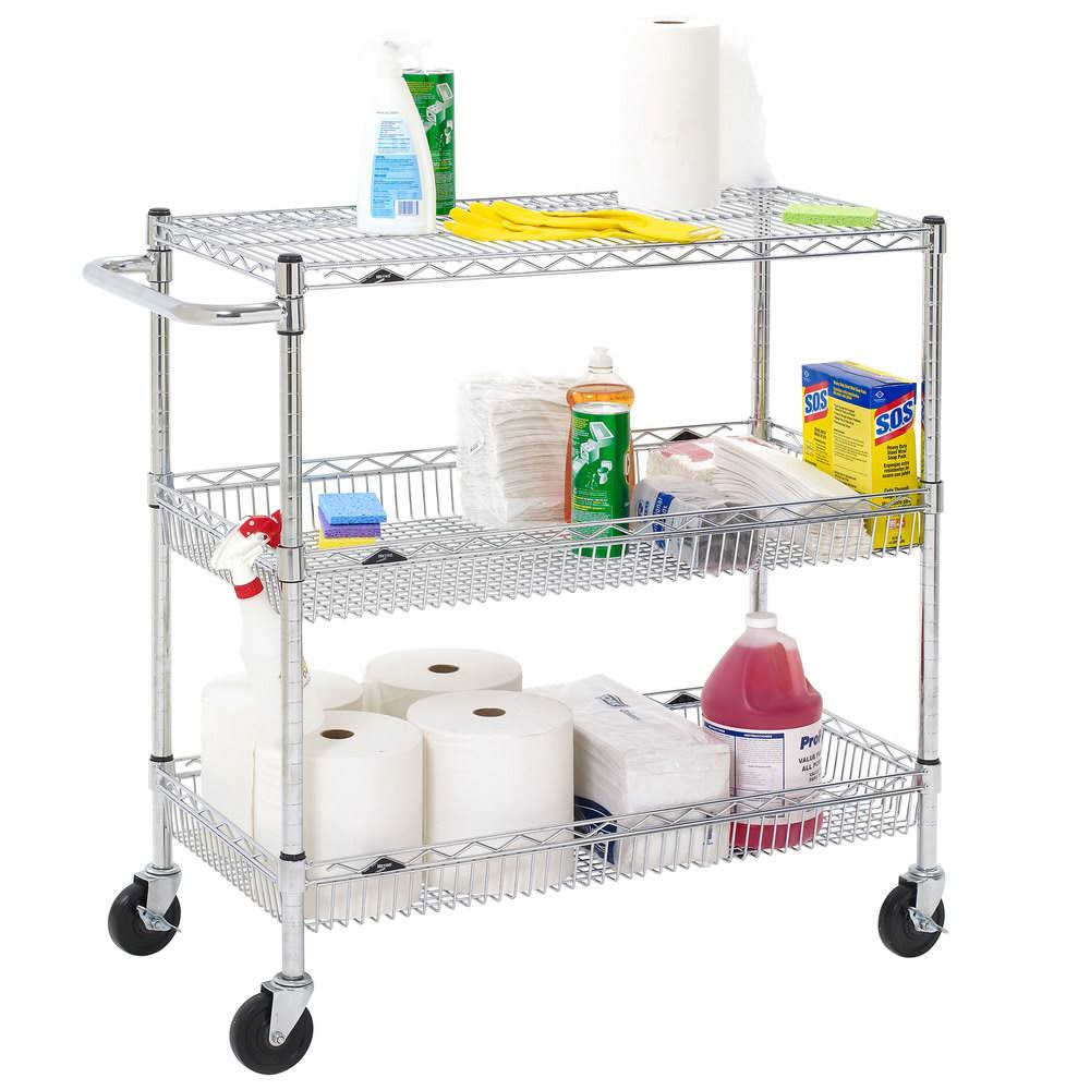 Chrome Three Shelf Utility Basket Cart with Casters Q470037