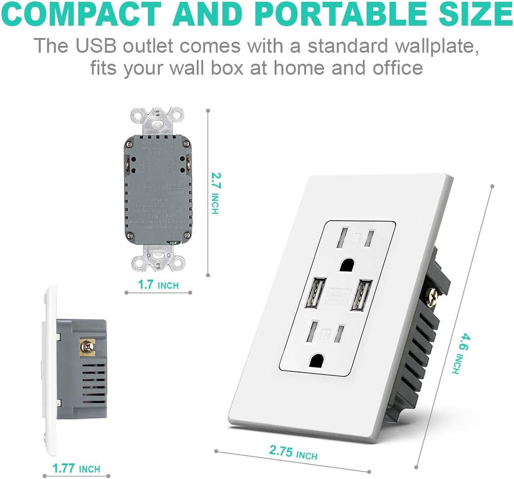 White 15 Amp Tamper Resistant Duplex Receptacle USB Wall Outlet, Pack of 2 T266