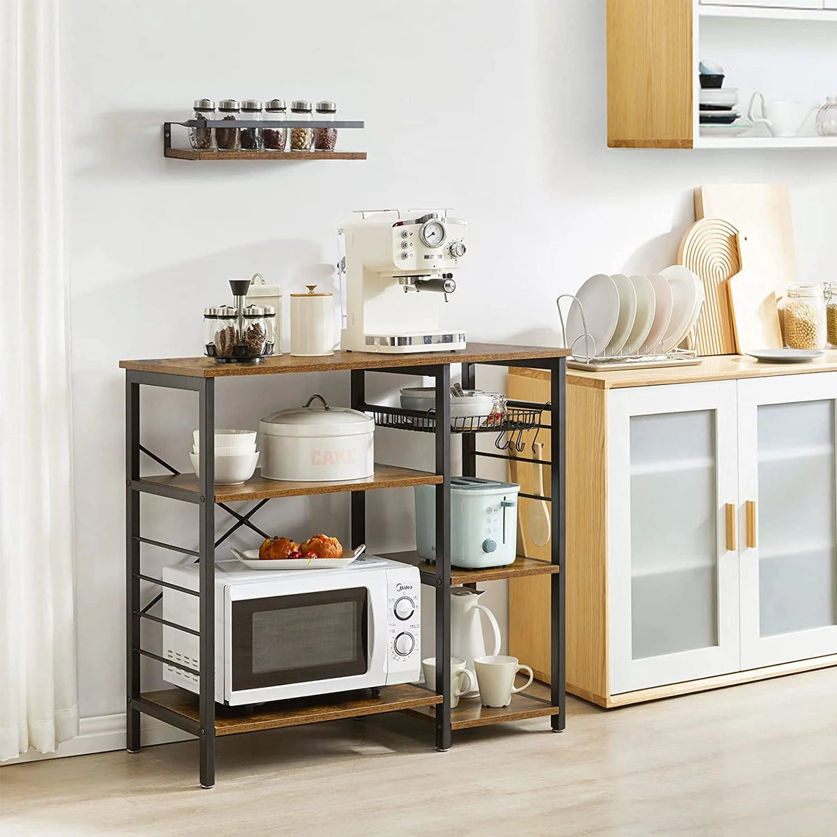 4-Tier Kitchen Baker's Rack with Wire Basket and 6 Hooks, Rustic Brown H605