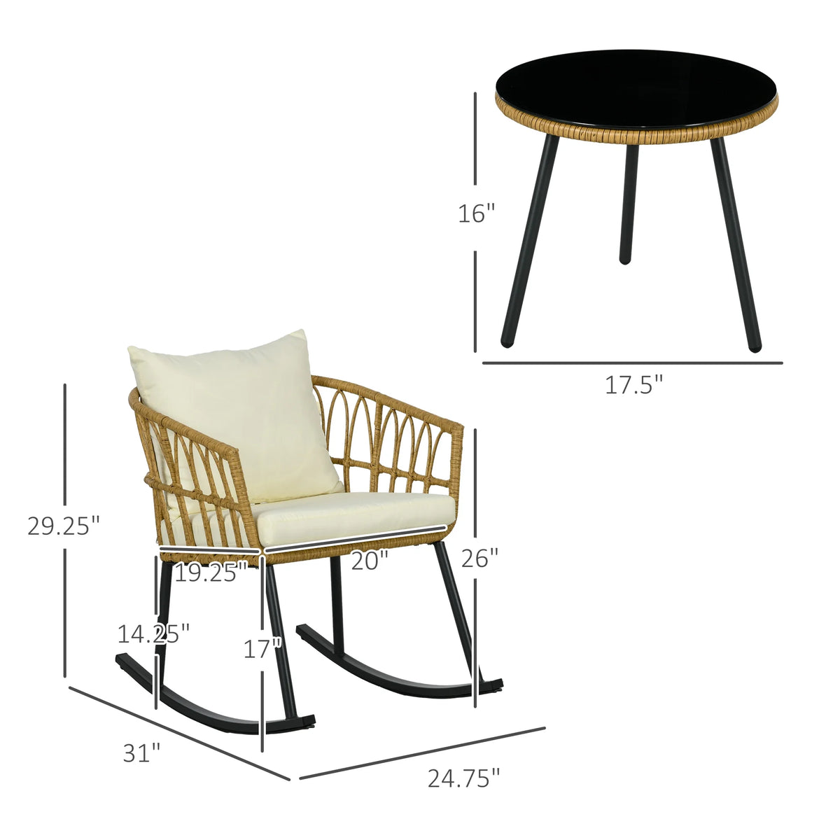 White 3 Piece Patio Rocking Chair Set with Cushions and Glass Top M835710