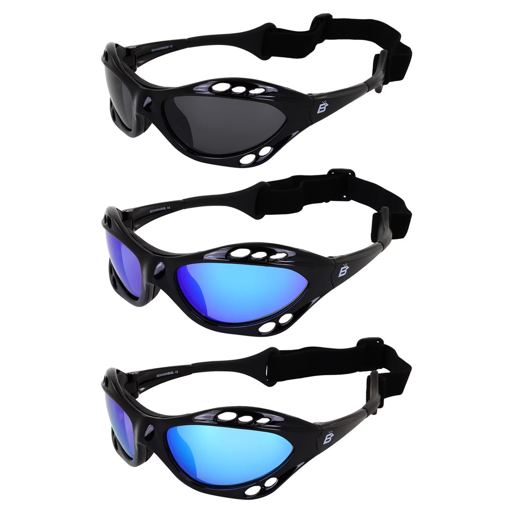 3 Pairs Padded Polarized Sunglasses with Strap Black Frame Smoke Blue & Green Mirror Lenses M140759