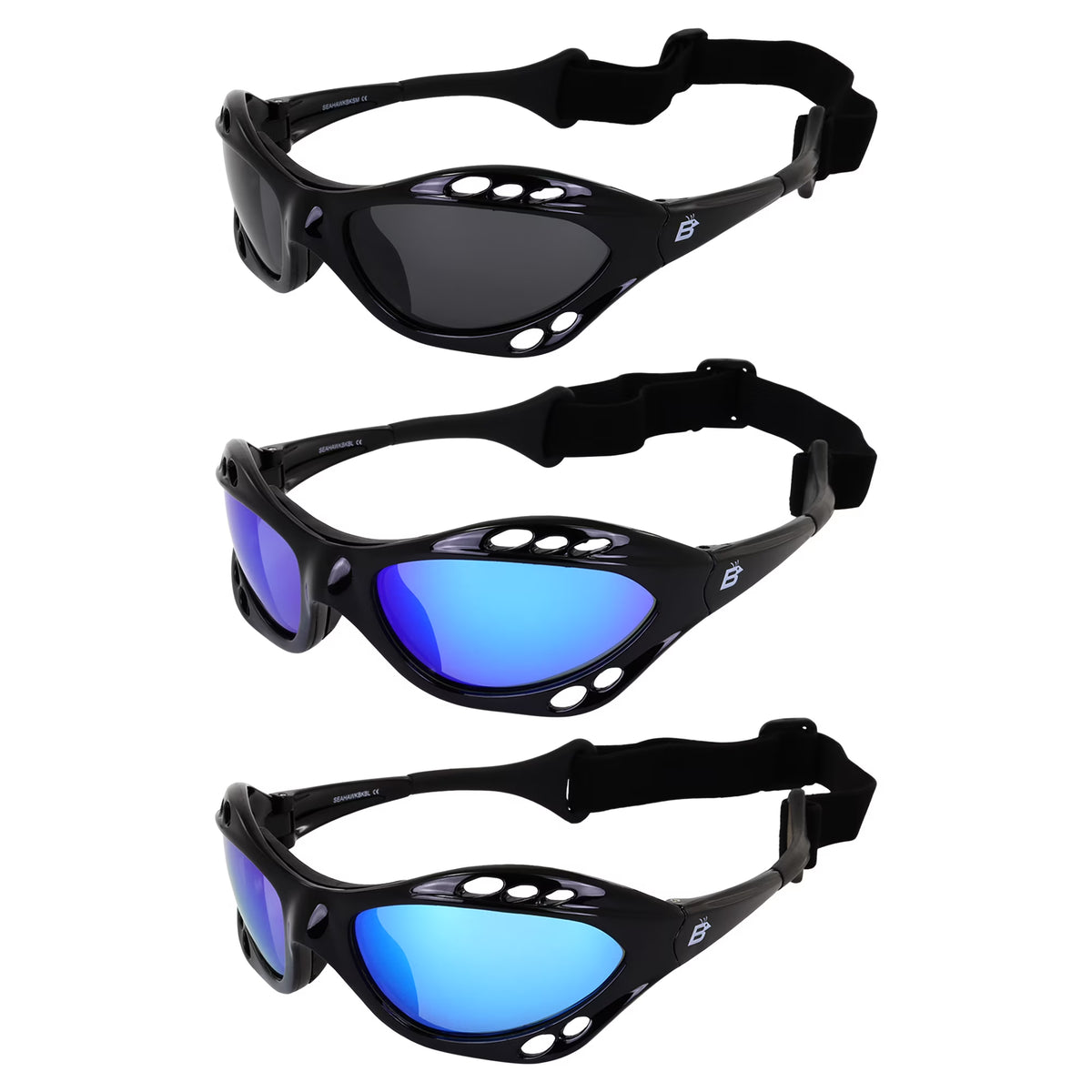 3 Pairs Padded Polarized Sunglasses with Strap Black Frame Smoke Blue & Green Mirror Lenses M140759