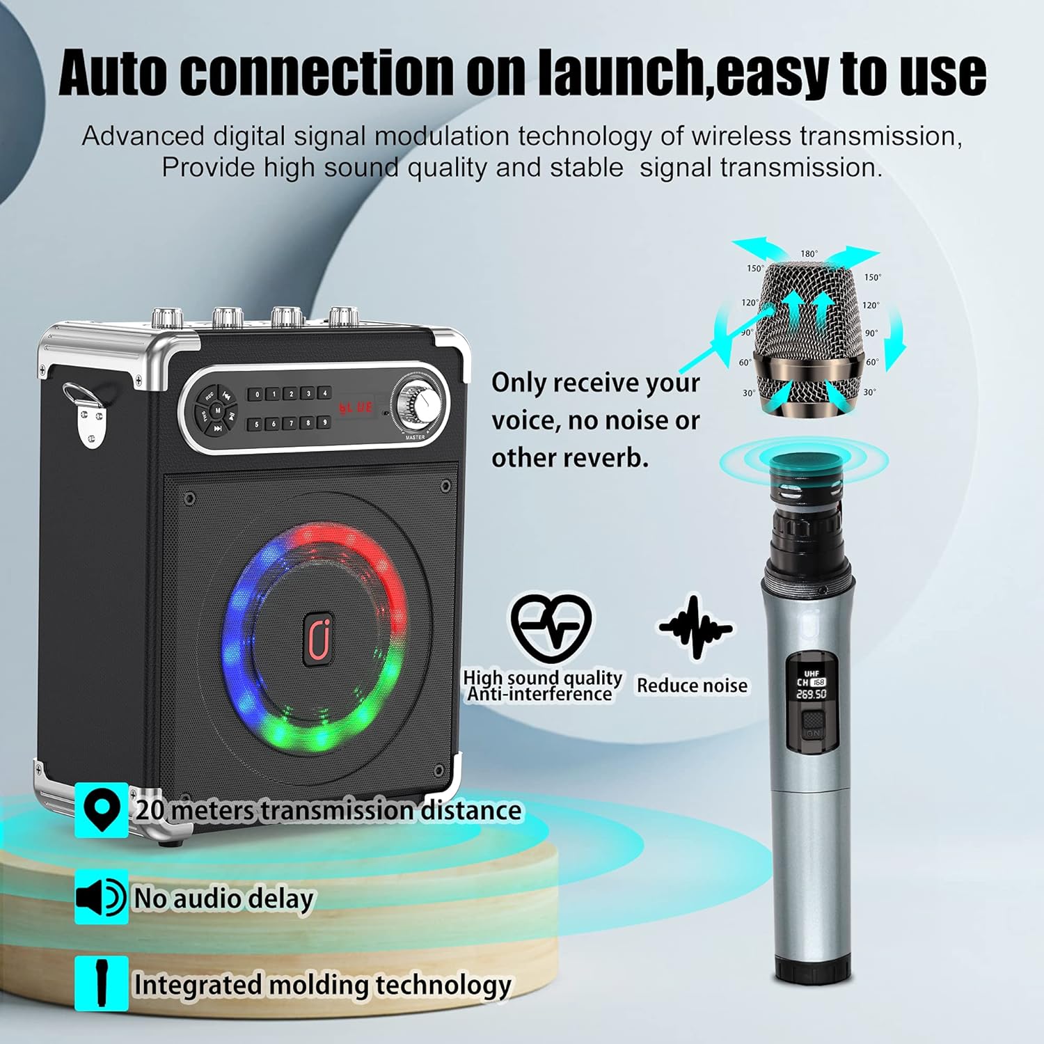 Bluetooth Speaker with Two Wireless Microphones, Portable Pa System with LED Lights A128