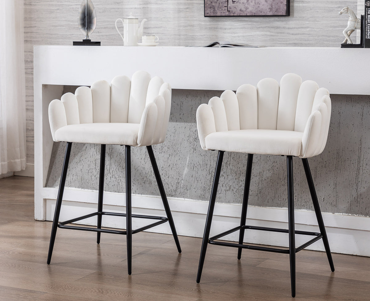 White Velvet Bar Stools Set of 2 with Metal Legs O7712