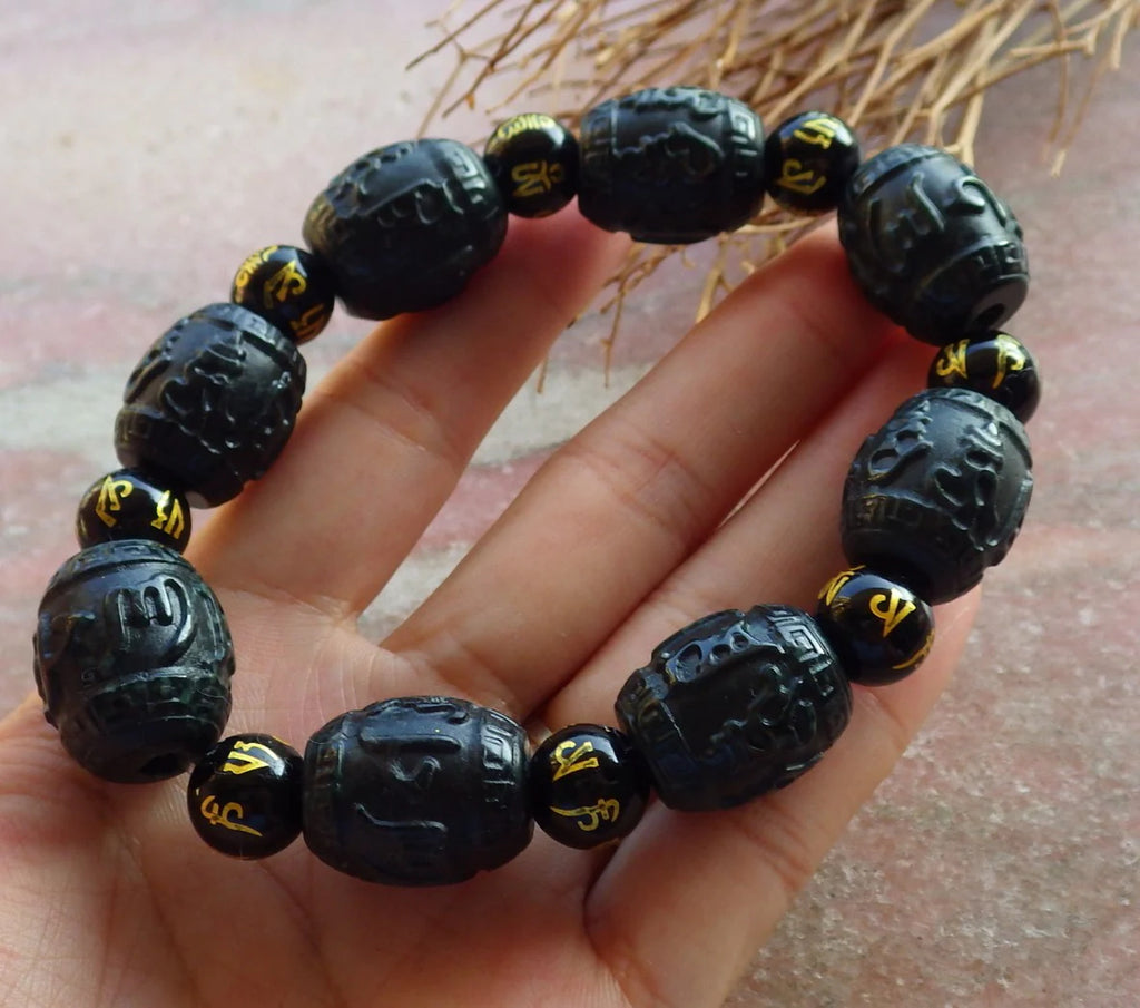 Hand Carved Natural Black Dark Green Jadeite Bead Bangle Bracelet M25034