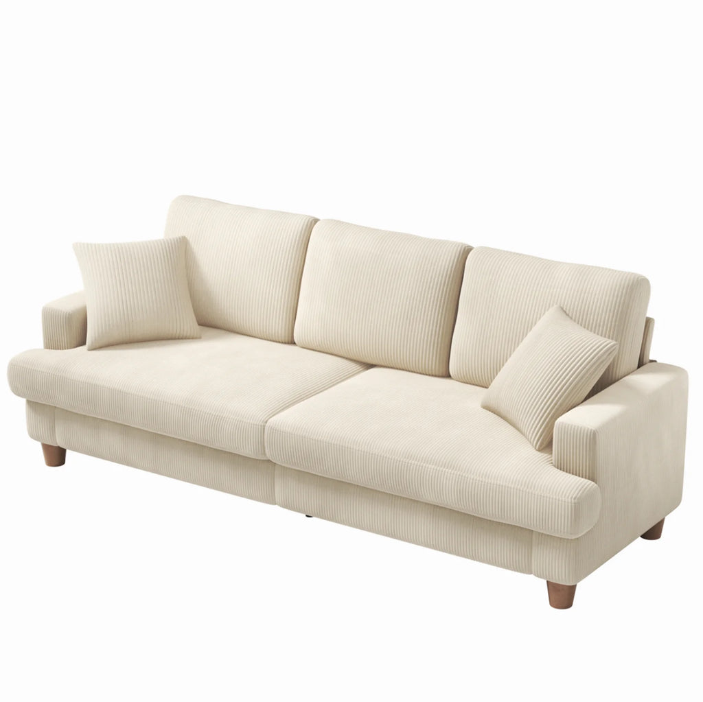 Beige 87" Corduroy 3 Seater Sofa with 2 Pillows L89042