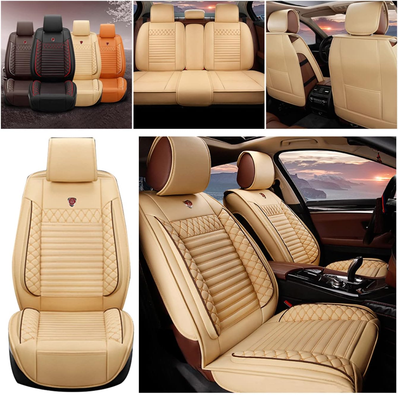 Beige PU Leather Waterproof Car Seat Cover Protectors Y2793