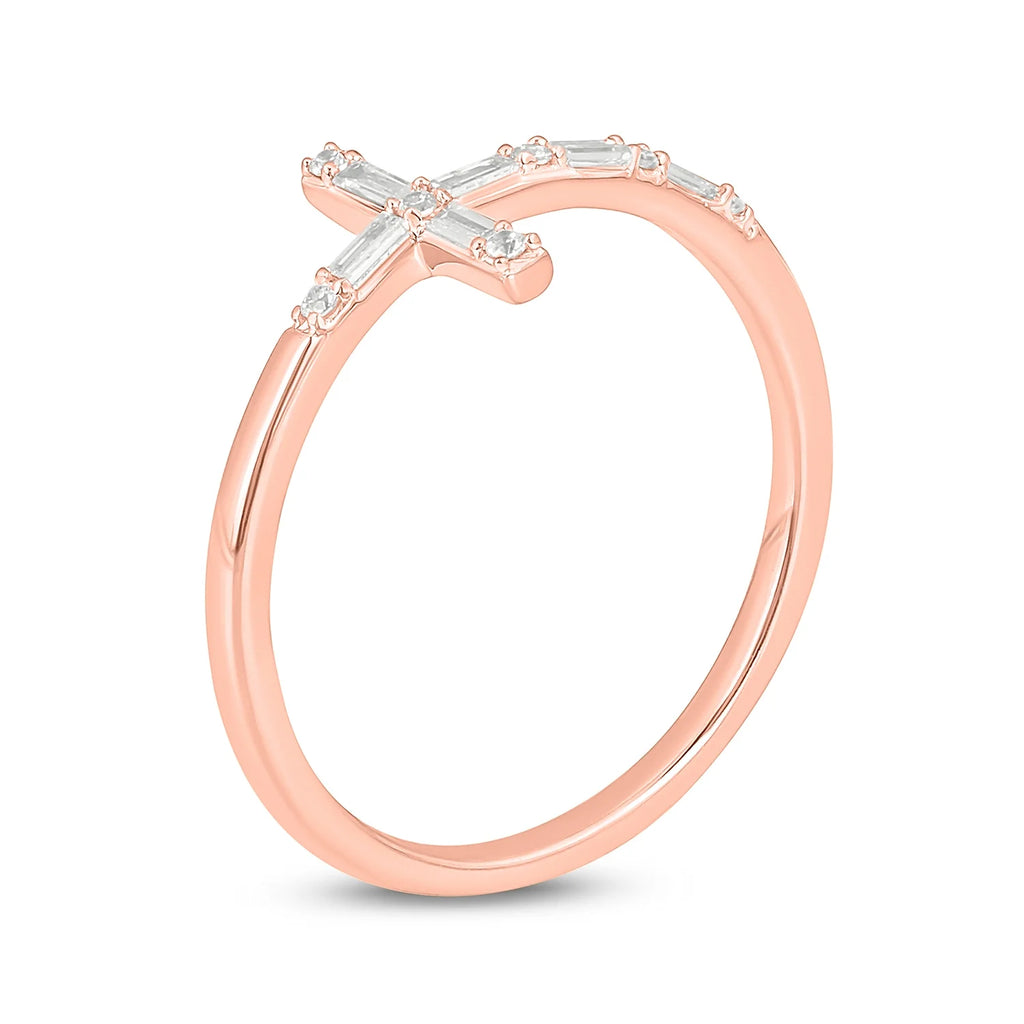 14KT Pink Gold Diamond Cross Ring Band E189432
