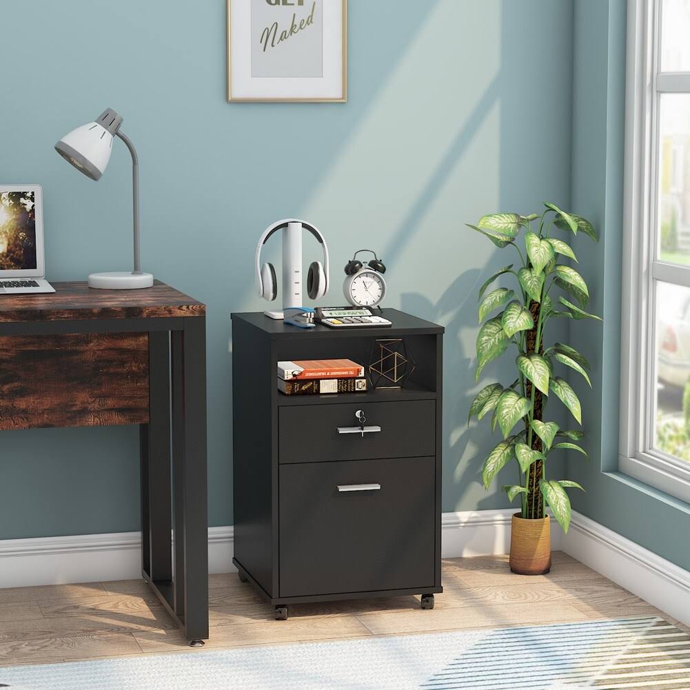 Black 2 Drawer Mobile File Cabinet with Lock B419