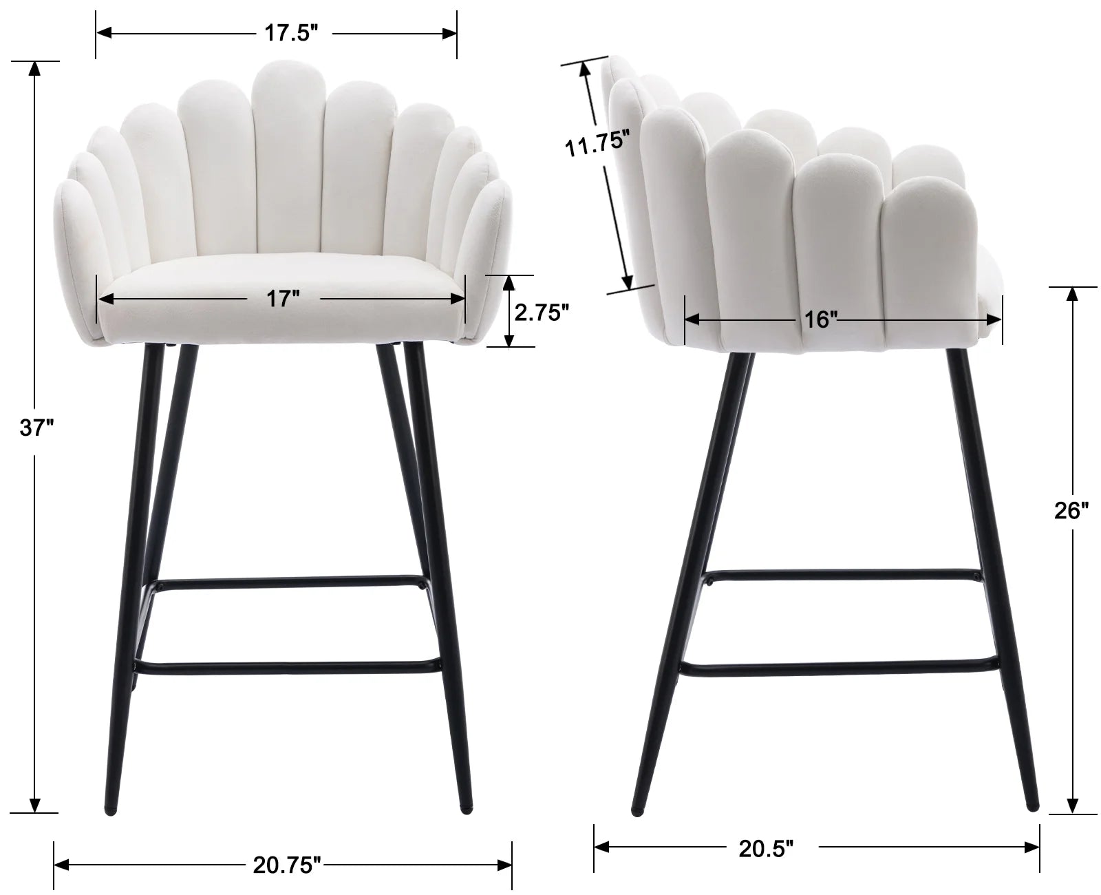 White Velvet Bar Stools Set of 2 with Metal Legs O7712