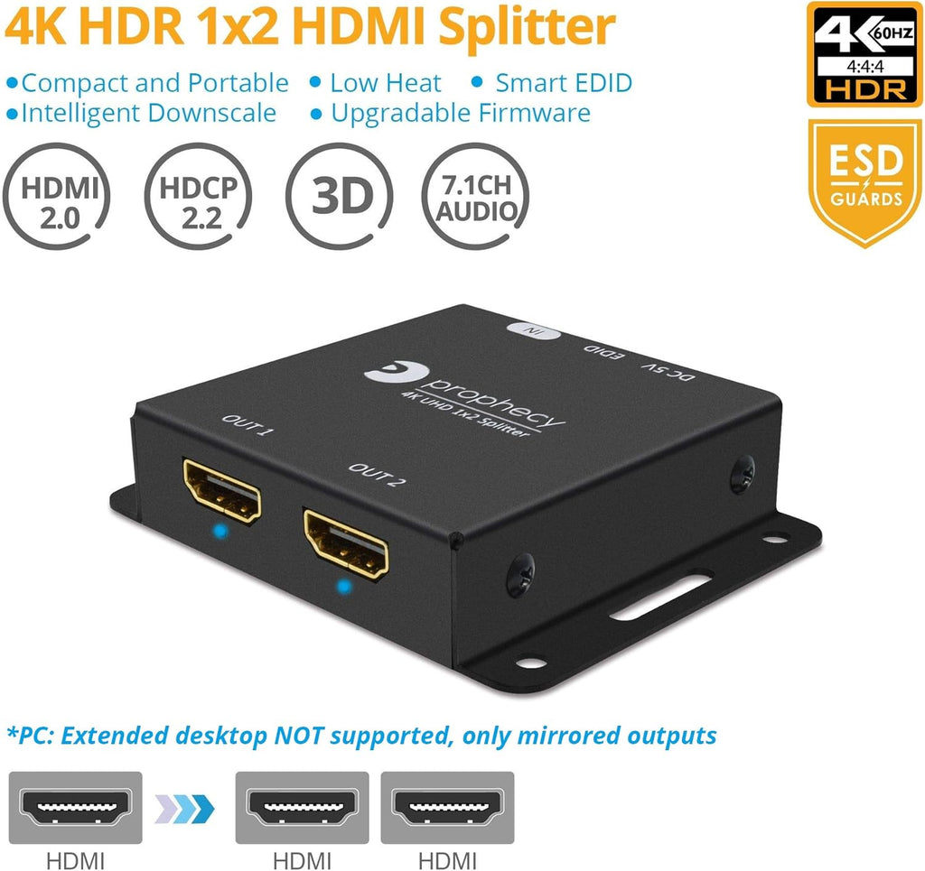 1x2 HDMI 2.0 Splitter 4K 60Hz HDR 18Gbps 2 Port 1 in 2 Out Pack of 2 L53555