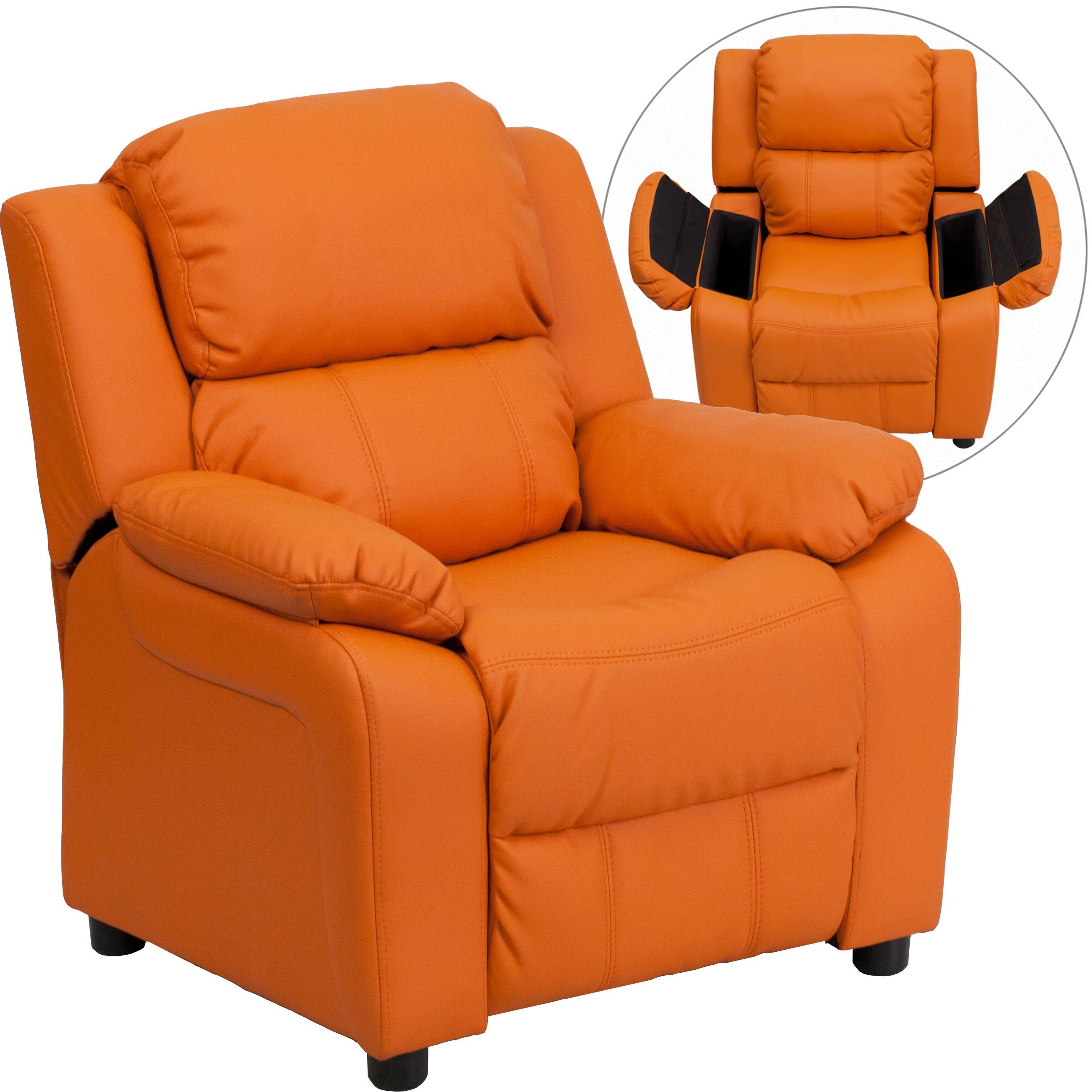 Orange Vinyl Kids Recliner with Storage Arms W4231