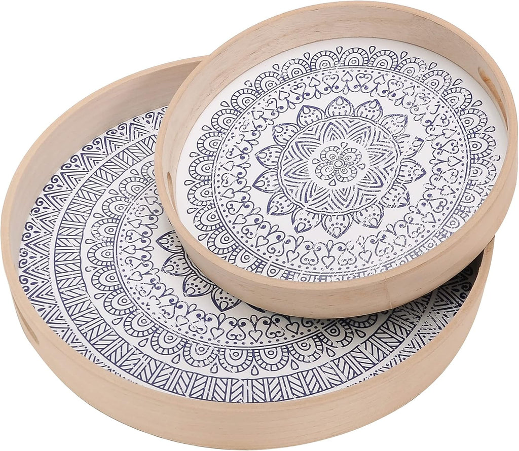 Set of 2 Round Wooden Serving Trays with Handles I153
