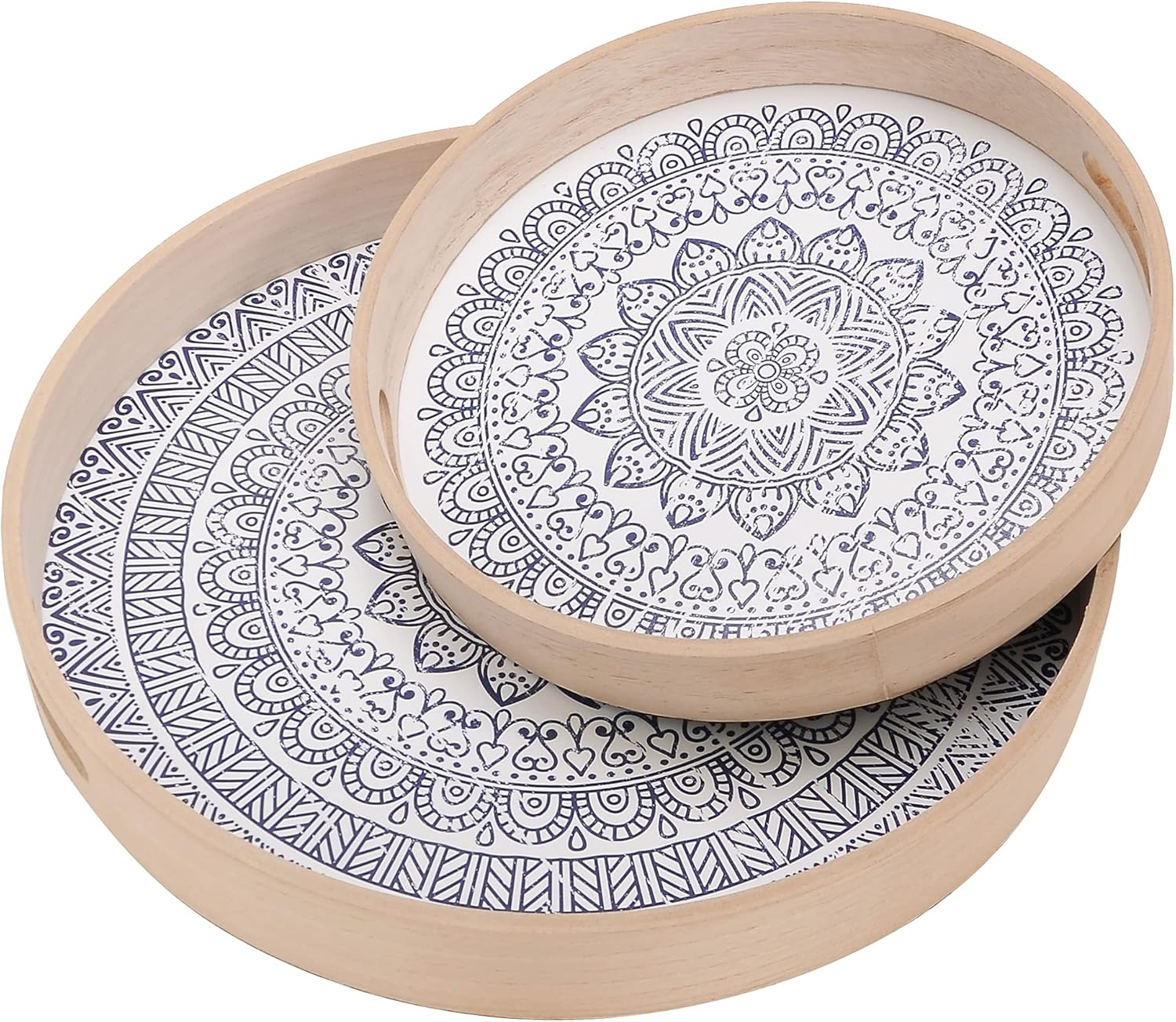 Set of 2 Round Wooden Serving Trays with Handles I153
