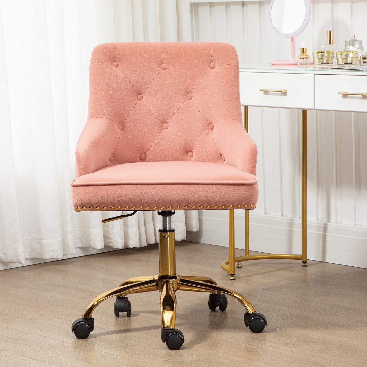 Velvet Vanity Chair with Tufted Button, Swivel Height-Adjustable Seat M853