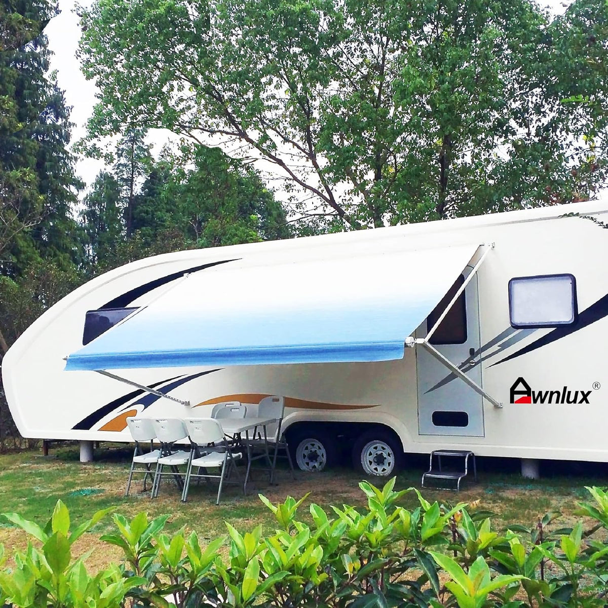 Black Ombre White 10' Vinyl RV Awning Fabric Replacement with Press Plate & Pull Strap Z83964