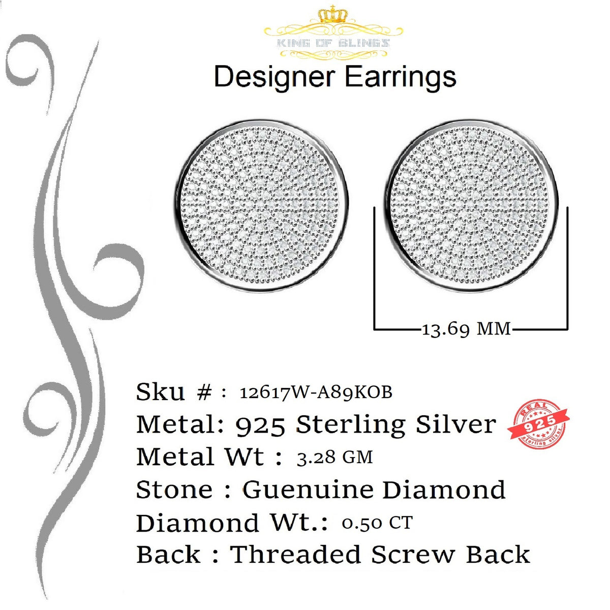 925 Sterling Silver White Hip Hop Stud Earrings P9503