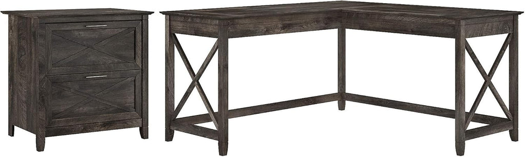 Dark Gray Hickory L Shaped Desk with 2 Drawer Lateral File Cabinet I6635